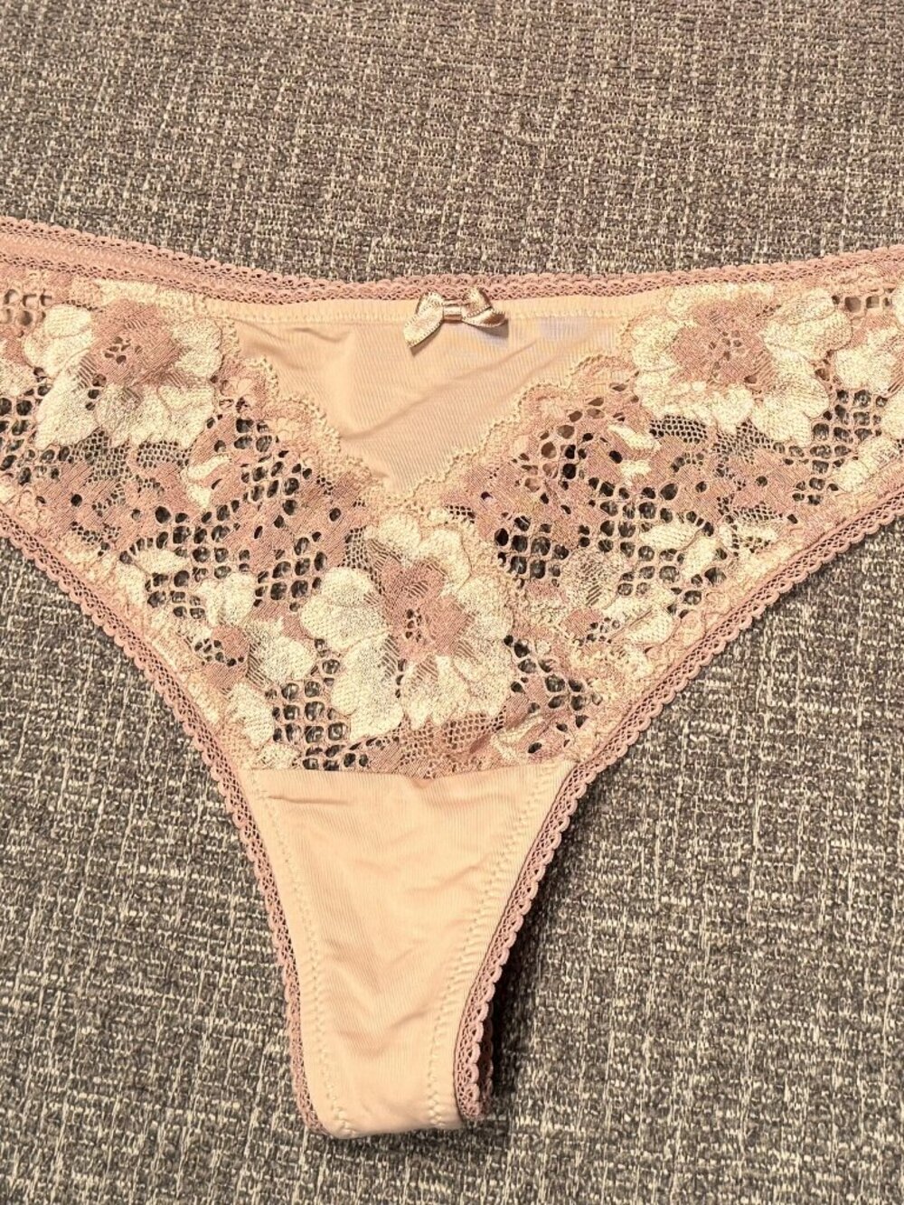 Adore Me Paxton Delicate Lace & Mesh Thong Panty – Medium Beige / Nude, Size L